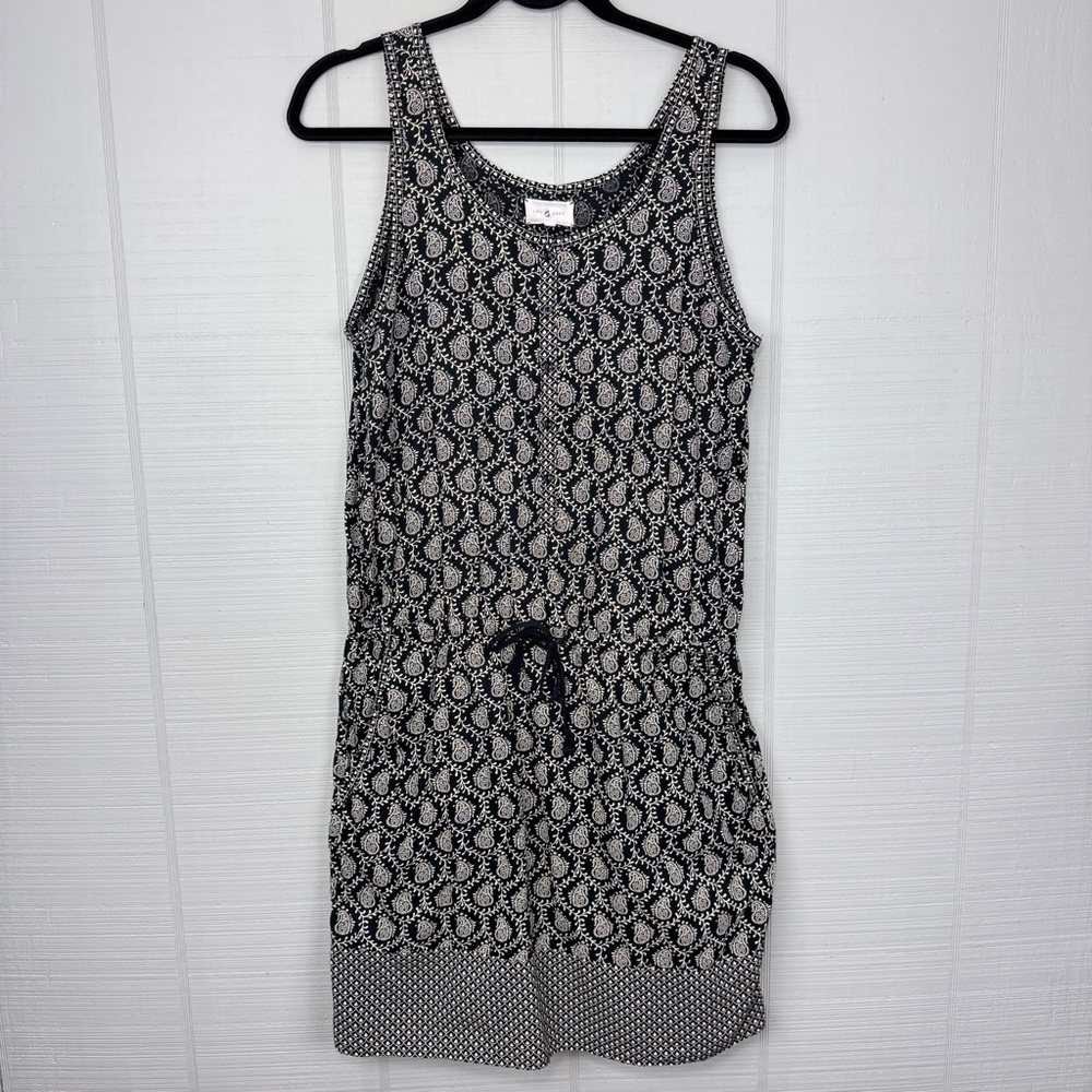 Lou & Grey Black White Paisley Drop Waist Sleeveless Tank Dress Drawstring
